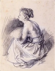 Sitzende Frau, bis zur Taille nackt